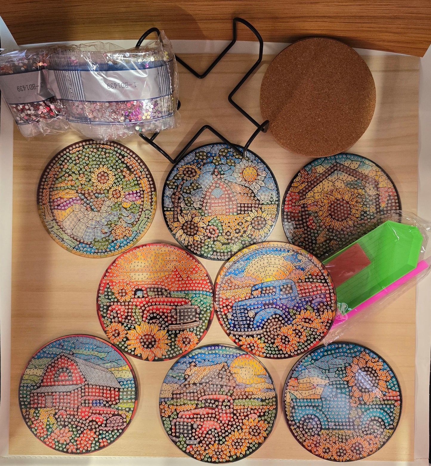 Sunflowers and Old Truck Diamond Dot Coaster Kit
