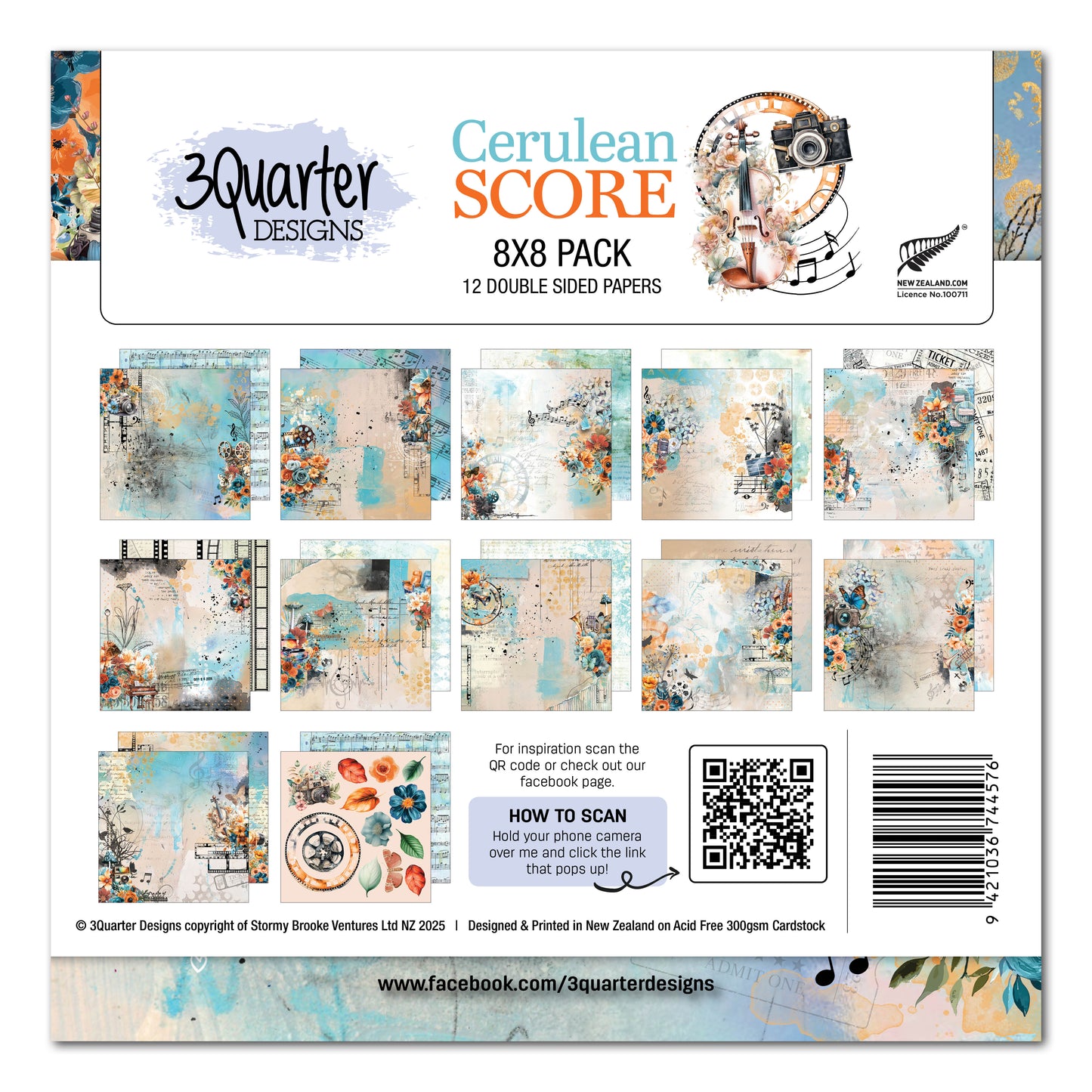 3 Quarter Designs Cerulean Score 8"x8" Paper Pack