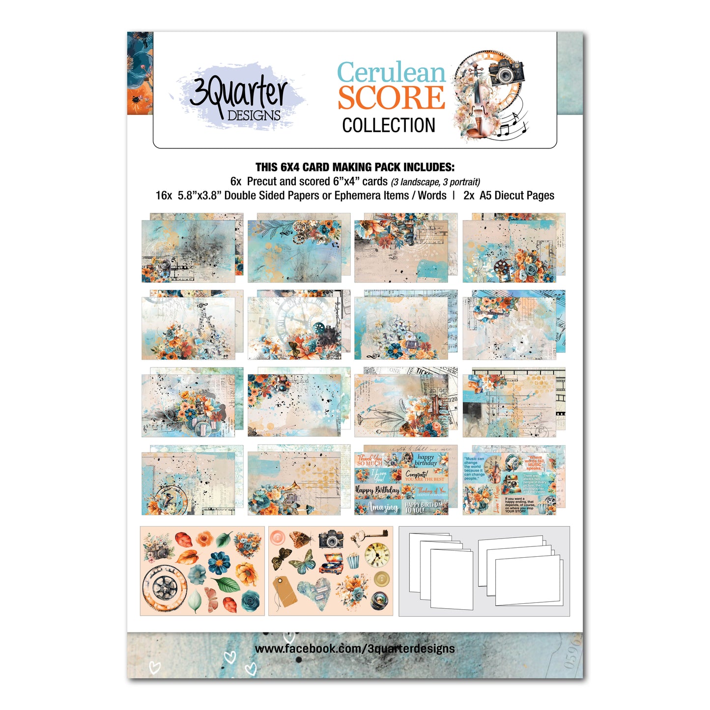 3 Quarter Designs Cerulean Score 6"x4" Card Making Pack