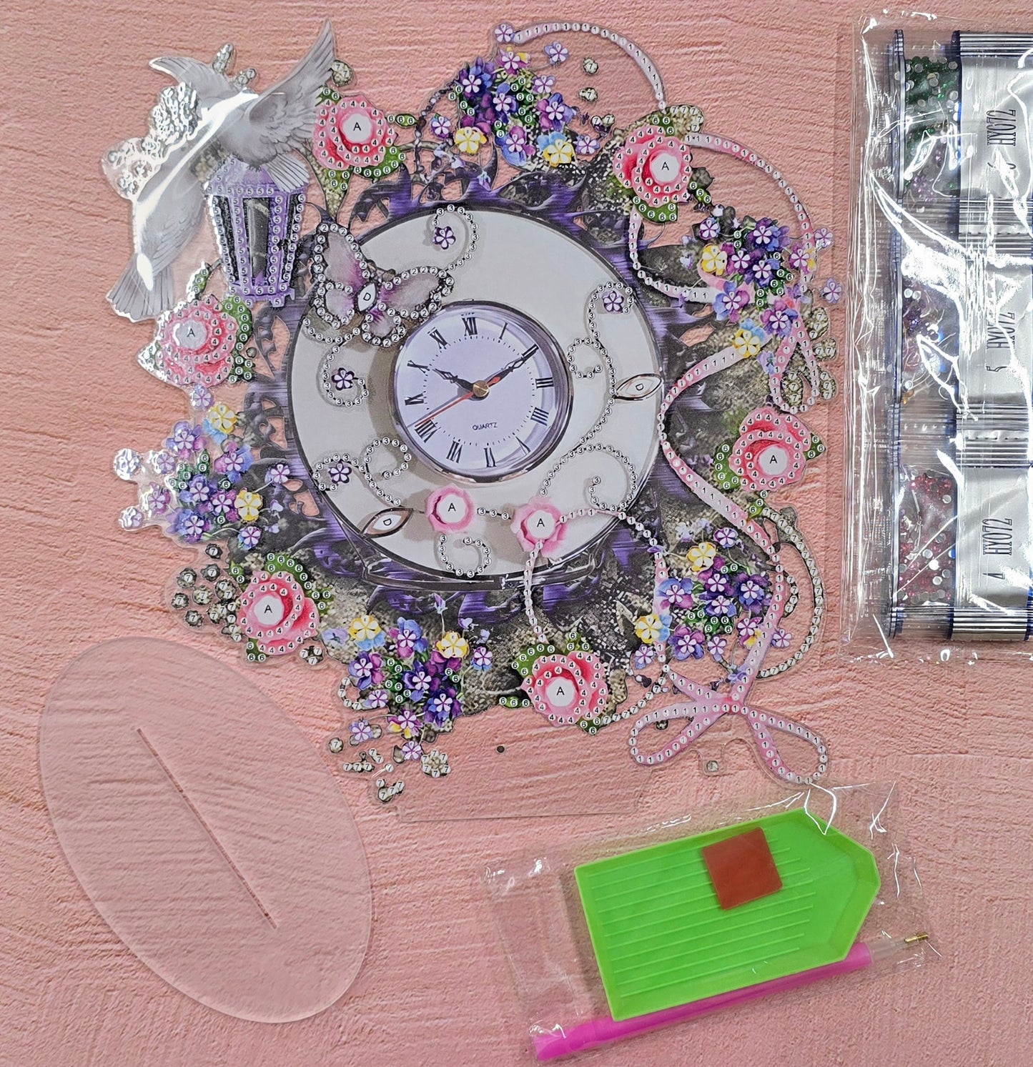 Doves and Florals Diamond Dot Clock Design Kit