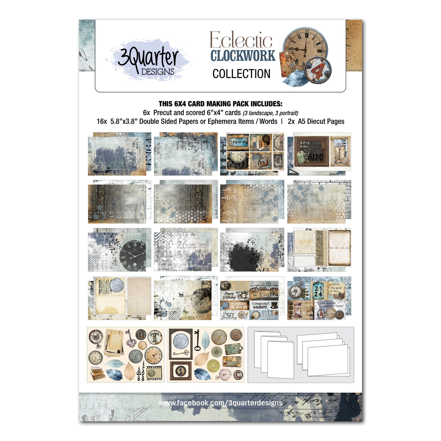 3 Quarter Designs Eclectic Clockwork 6"x4" Card Making Pack