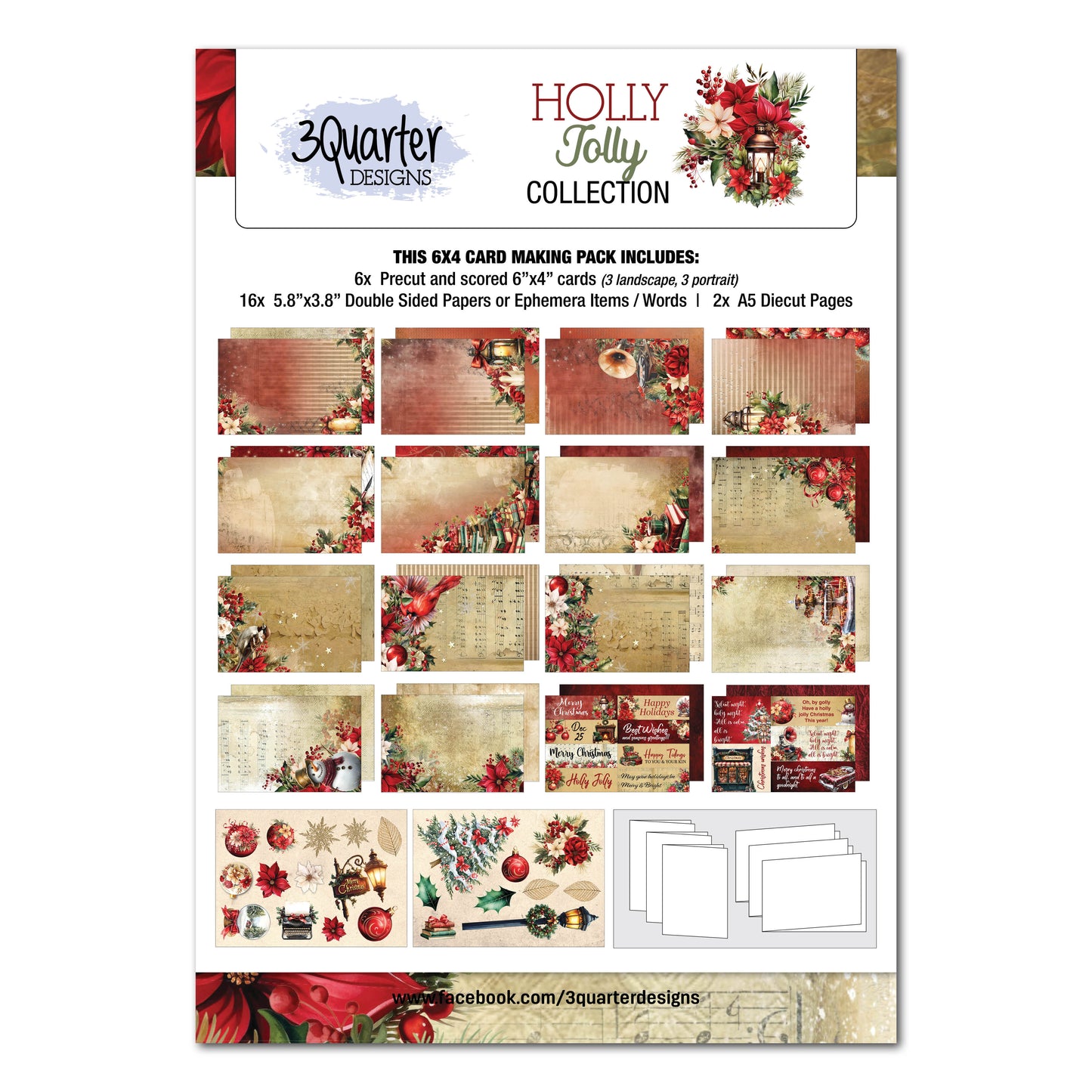 3 Quarter Designs Holly Jolly 6"x4" Card Making Pack