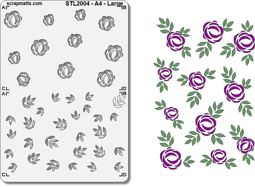 Scrapmatts STL2004 - A4 - Large - Layered Roses & Leaves Stencil
