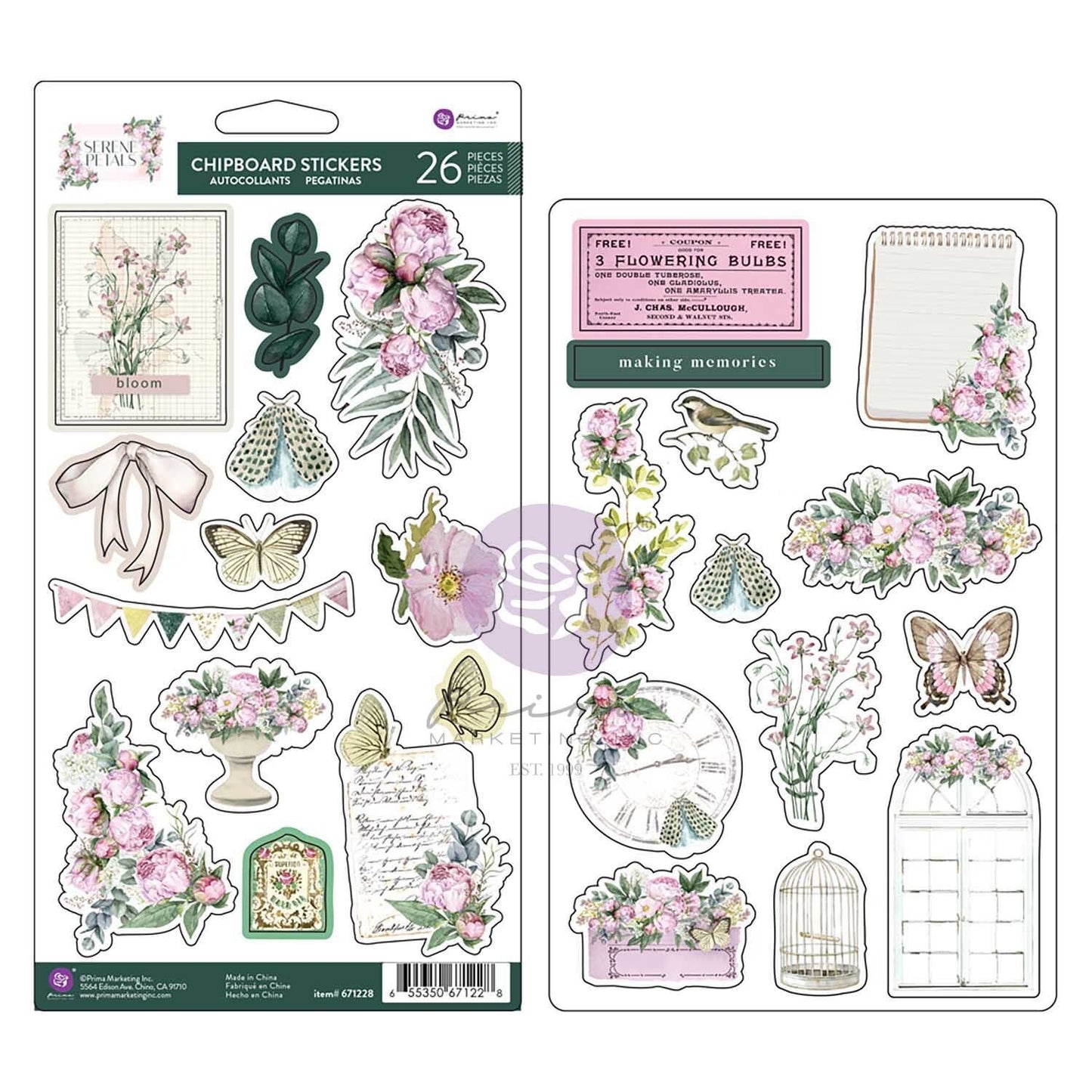 Prima Serene Petals Chipboard Stickers - Blooming Beauty
