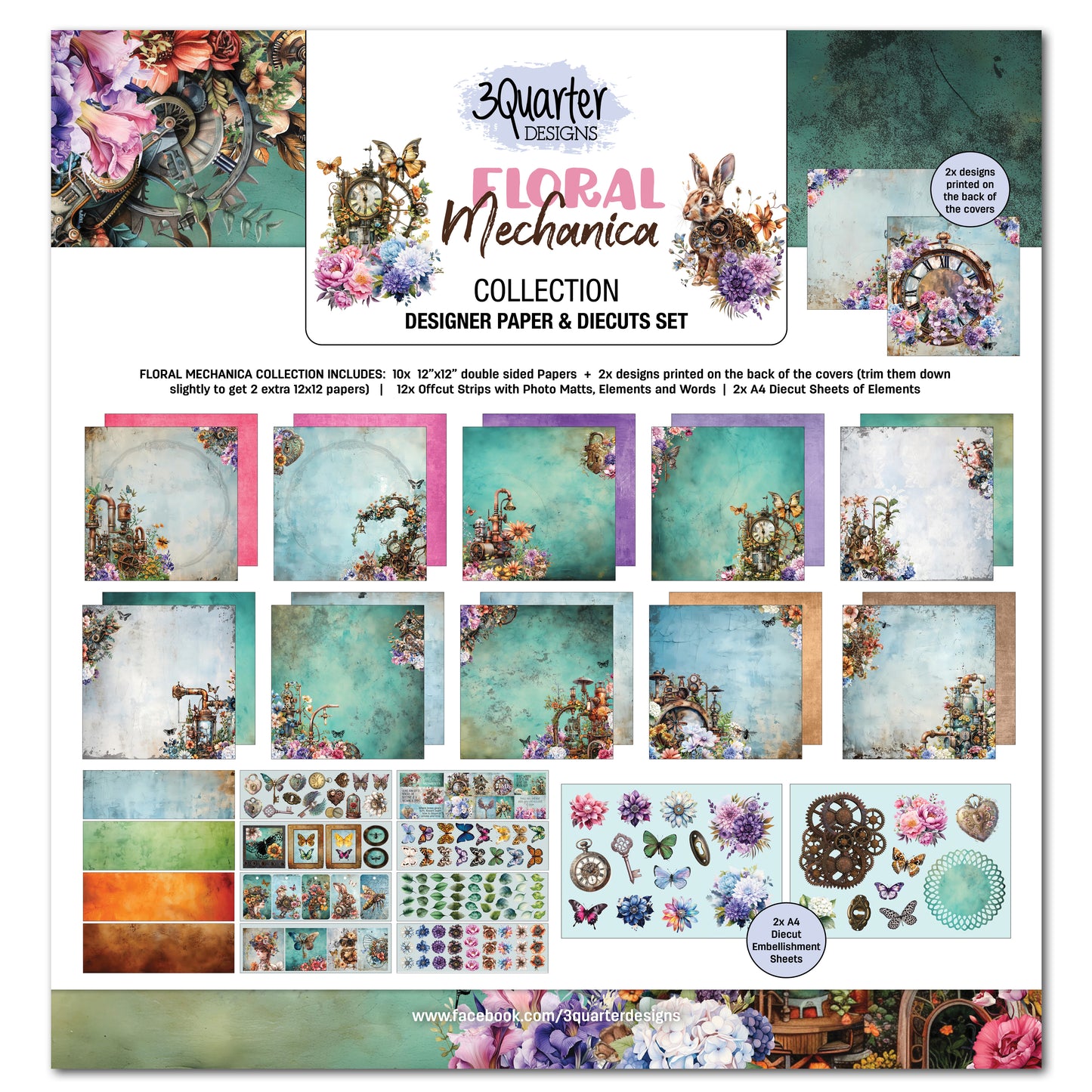 3 Quarter Designs Floral Mechanic 12"x12" Paper Collection Pack