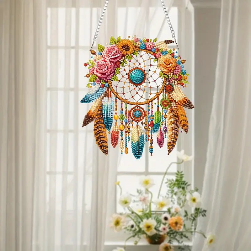 Floral and Feathers Diamond Dot Dreamcatcher