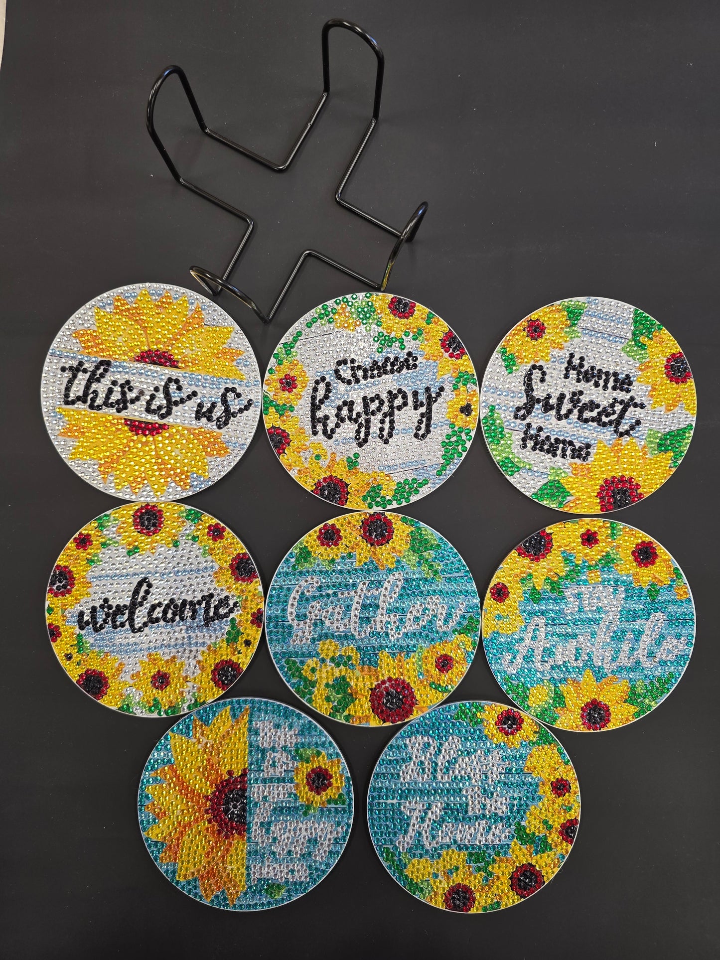 Sunflower Welcome Affirmations 8 Coaster & Stand Set