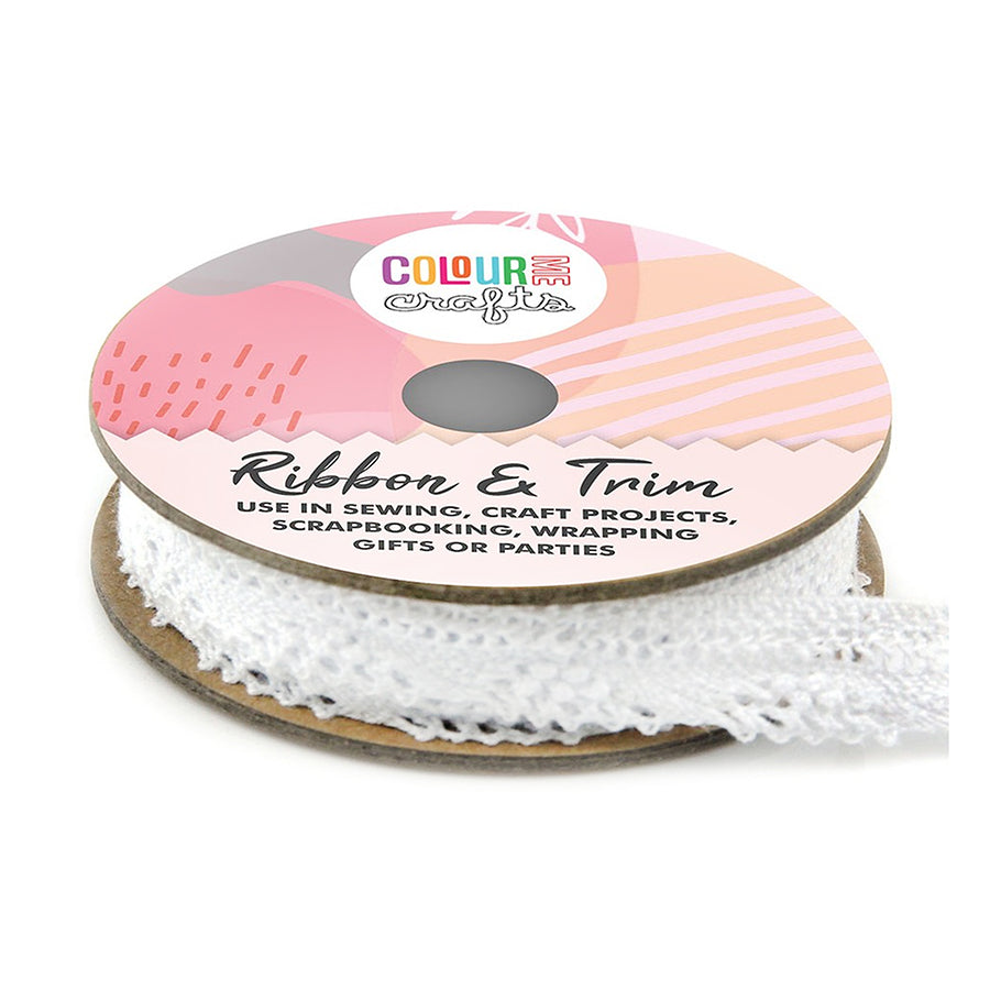 ColourMe 100% Cotton Lace Ribbon 12mm x 5m - White