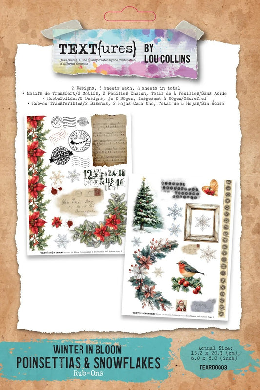 TEXT(ures) by Lou Collins Winter in Bloom Poinsettias & Snowflakes 6"x8" Rub-On Transfer Set