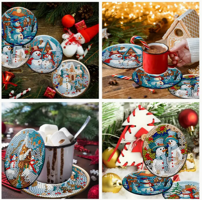Christmas Snowmen Diamond Dot 8 Coaster Set & Stand