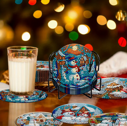Christmas Snowmen Diamond Dot 8 Coaster Set & Stand