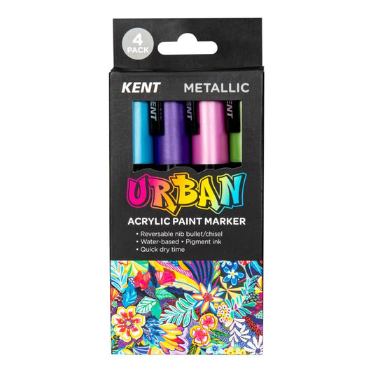 Kent Urban Acrylic Paint Markers Medium Nib 6mm Metallic Pack 4