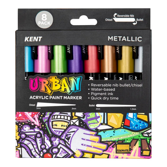 Kent Urban Acrylic Paint Markers Medium Nib 6mm Metallic Pack 8