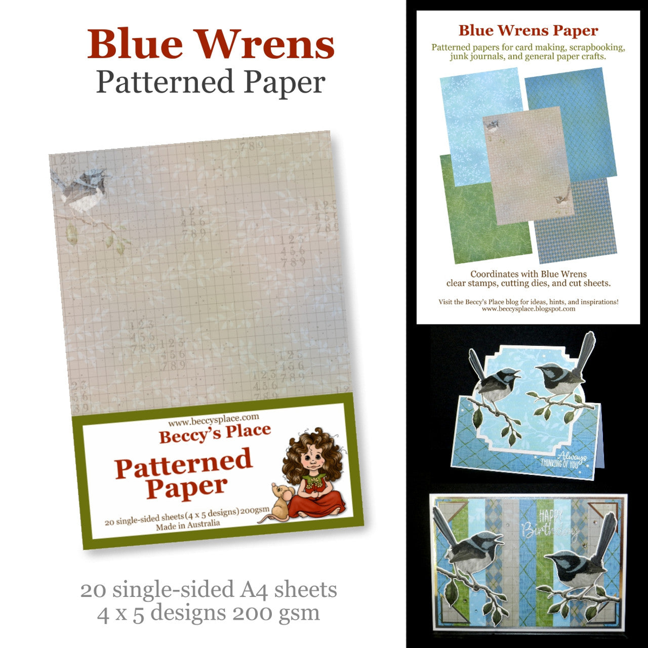 Beccy's Place Blue Wrens A4 Patterned Papers