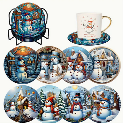 Christmas Snowmen Diamond Dot 8 Coaster Set & Stand
